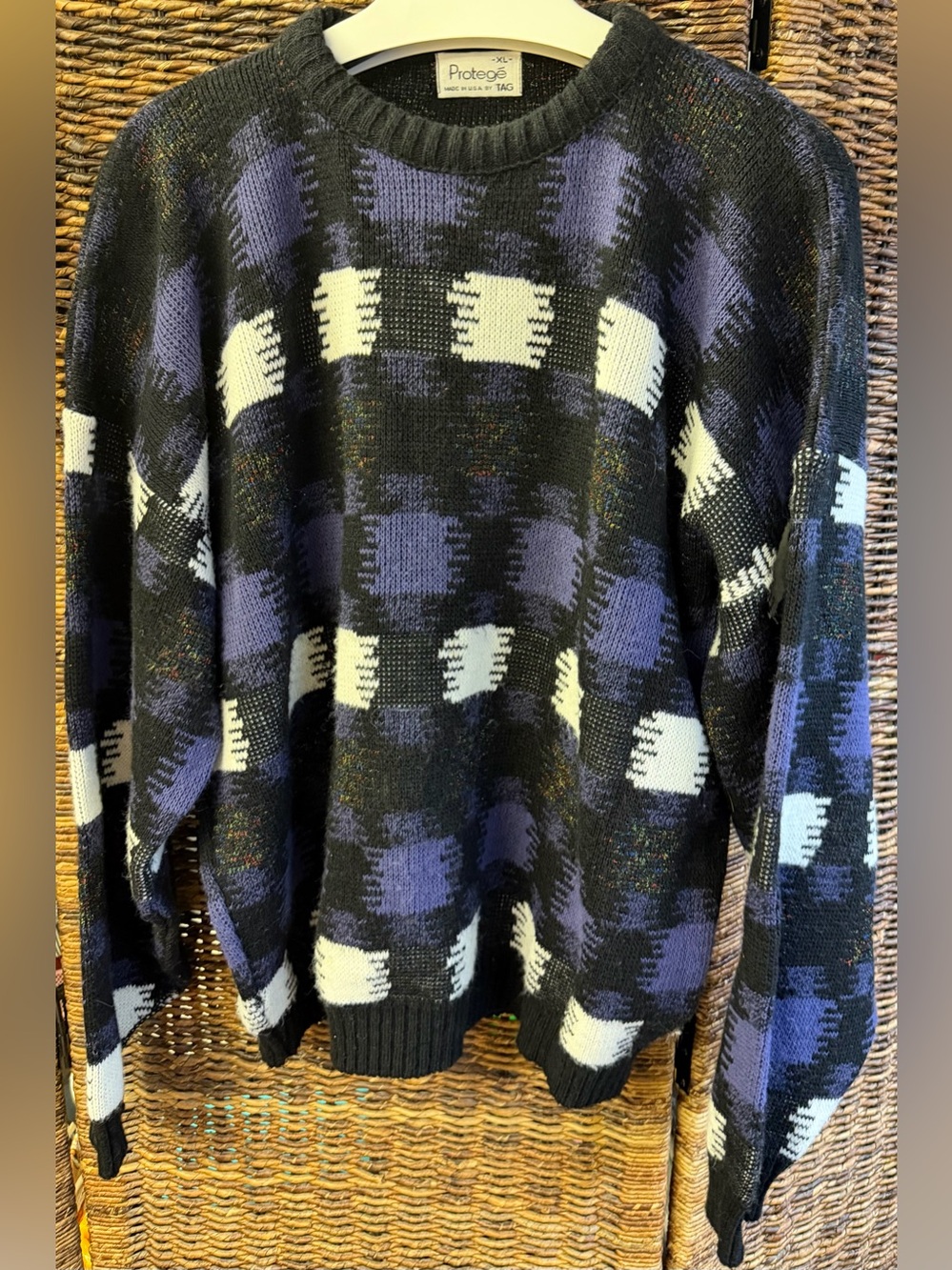 Protege-TAG, Men's Crewneck Checker Knit Sweater - Black, Blue & White-XL